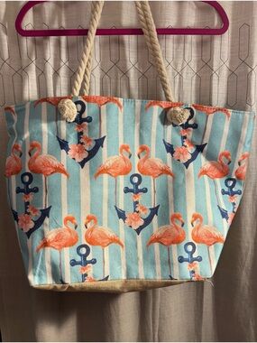 Strand Canavas Flamingo Beach Tote with Anchors & Rope Handles